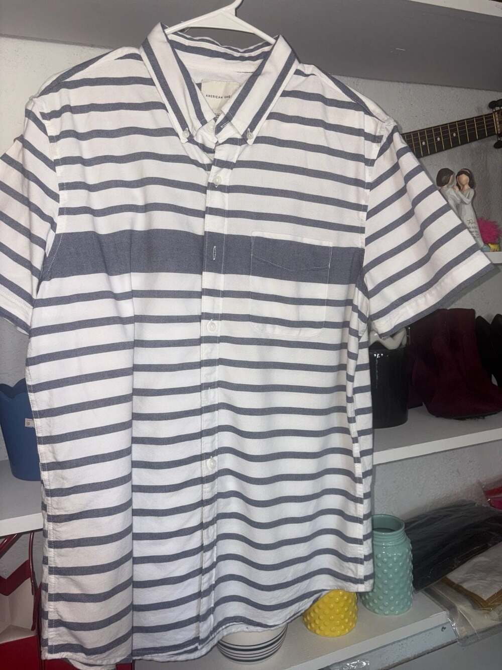 American Eagle Blue and White Striped Short Sleeve Button-Down Shirt with Pocket